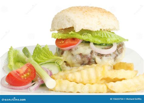 Closeup of a Cheeseburger and Chips Stock Photo - Image of meal, potato ...