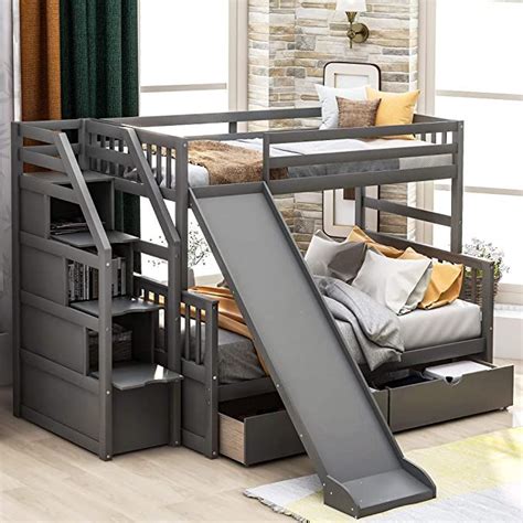 GLCHQ Solid Wood Multifunction Design Kids Loft Twin Over Full Bunk Bed with Drawers,Storage and ...