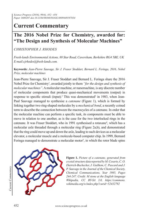 The 2016 Nobel Prize for Chemistry, Awarded for: “The Design and Synthesis of Molecular Machines ...