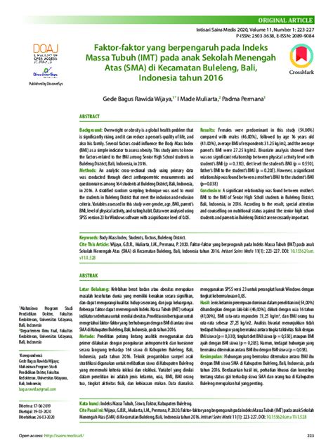 (PDF) Faktor-faktor yang berpengaruh pada Indeks Massa Tubuh (IMT) pada anak Sekolah Menengah ...