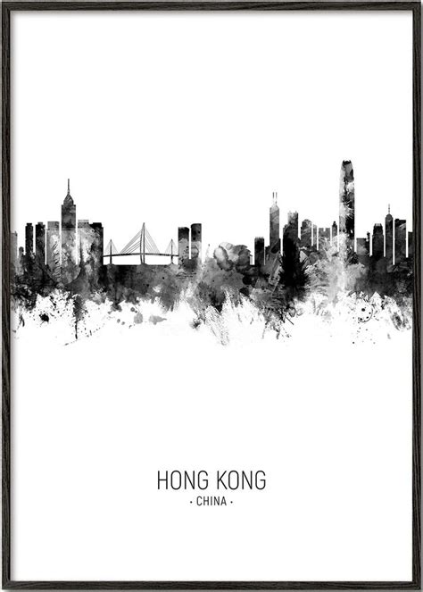 hong kong skyline in black and white with the city's name written on it
