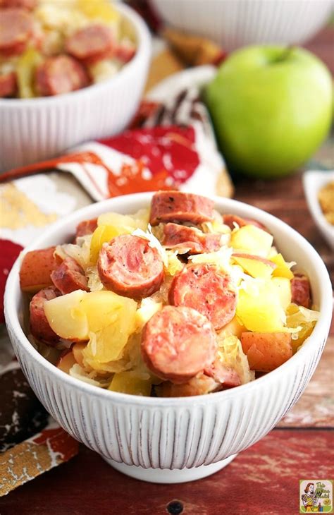 Slow Cooker Sauerkraut and Sausage Recipe with Potatoes and Apples | This Mama Cooks! On a Diet