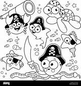Set Of Pirate Sea Creatures With Swords spyglass Hooks And  sketch template