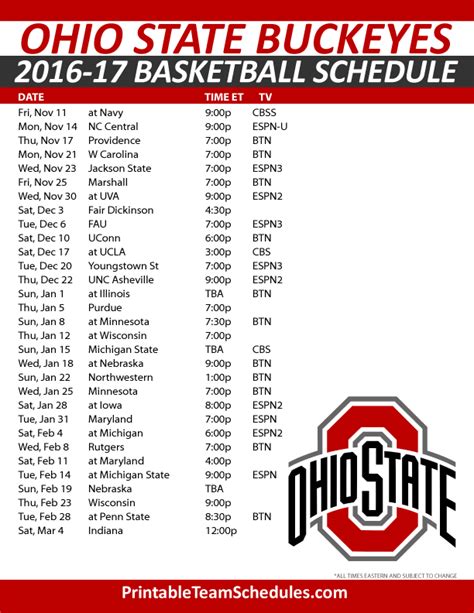 Ohio State Basketball Schedule Printable