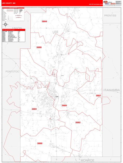 Lee County, MS Zip Code Wall Map Red Line Style by MarketMAPS