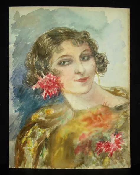 ECOLE ESPAGNOLE PORTRAIT de jeune femme fleurie dessin original 1942 Espagne $222.06 - PicClick