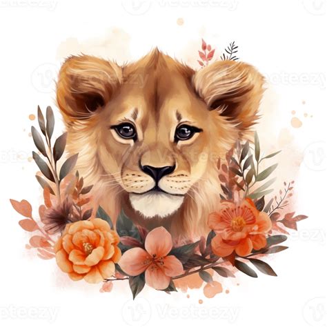 Lion Cub Floral Watercolor Art, 23957716 PNG