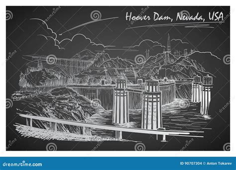 Hoover Dam Stunning Panoramic View. Black and White Linear Hand Drawing. Sketch Style Stock ...