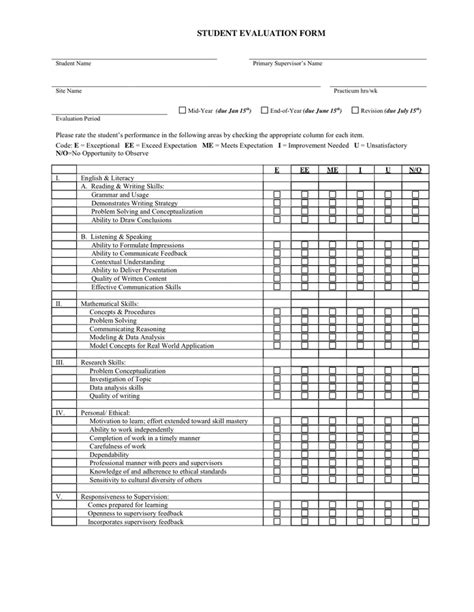 Student Evaluation Form in Word and Pdf formats