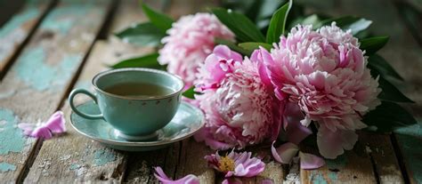 AI generated pink peonies, cup of tea and buns on the outside table 36758635 Stock Photo at Vecteezy