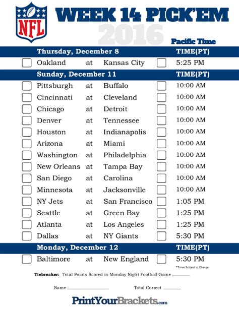 Pacific Time Week 14 NFL Schedule 2016 - Printable