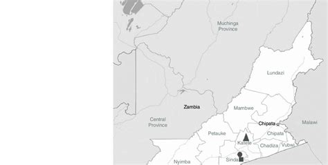 Map of Zambia showing the study areas in the Eastern Province: triangle... | Download Scientific ...