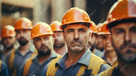 안전을 위해 조끼와 안전모를 쓴 건설 팀 근로자 그룹 미국 노동절 Generative Ai | 프리미엄 사진