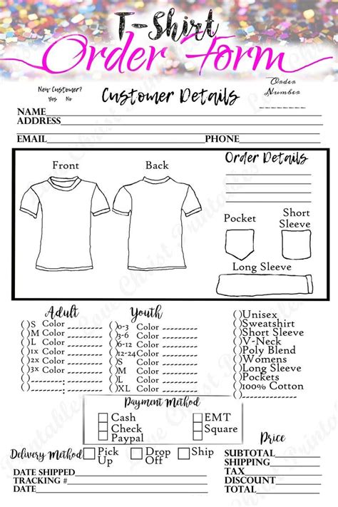 small business launch planner, shirt order form, T shirt order form, Craft Order Form, Order ...