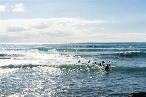 Surf School - Several Surfboarding Students Headed into an Ocean Stock Image - Image of hawaii ...