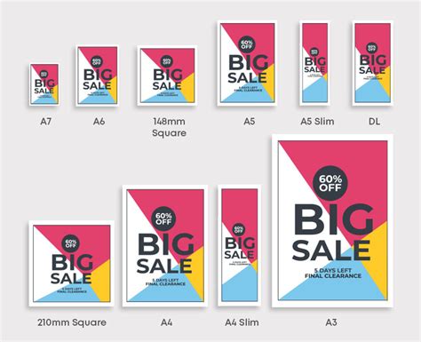 the big sale poster is shown with different colors and sizes, including pink, blue, yellow
