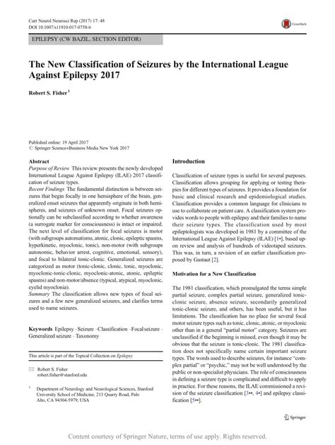 The New Classification of Seizures by the International League Against ...