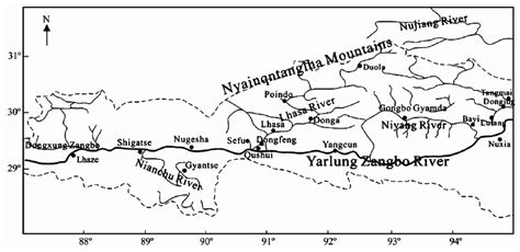 Sketch map showing water sampling locations in the Yarlung Zangbo River ...