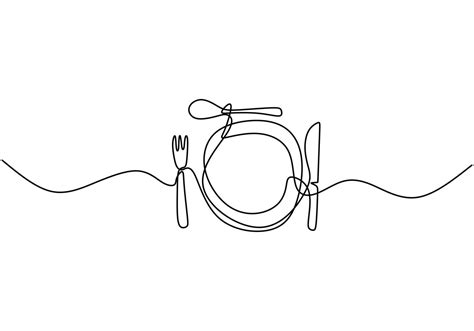 Continuous line drawing of food symbol. Sign of plate, knife, and fork ...