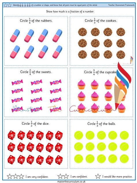 Identify fractions of a number or shape, and know that all parts must be equal parts of the ...