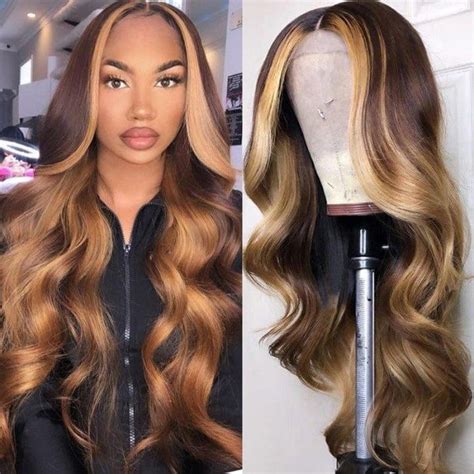 Honey Blonde Money Piece Highlights Brown Ombre Body Wave Middle Lace Part Human Hair Wigs ...