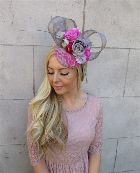 Grey Fuchsia Hot Pink Rose Flower Feather Hat Hair Fascinator | Etsy