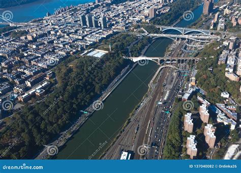 Bridges between Manhattan and the Bronx in New York NYC in USA. Upper ...