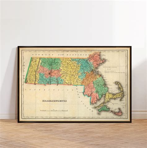 Massachusetts old map, historical map from 1822, cartographic wall art ...