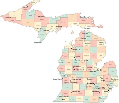 Multi Color Michigan Map with Counties, Capitals, and Major Cities