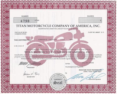 Titan Motorcycle Company stock certificate