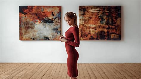 women, looking away, brunette, red, red dress, side view, museum, spring, ART, modern art, art ...