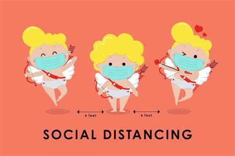 Premium Vector | Social distancing. cute cupid with surgical mask.