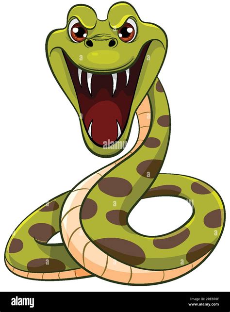 A vector cartoon illustration of a python snake with its mouth open, ready to bite with sharp ...