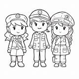 Three Young Kids Wearing Their Uniforms Together In Coloring Outline  sketch template