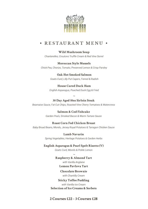 Phoenix Bar Restaurant Menu - Phoenix Bar