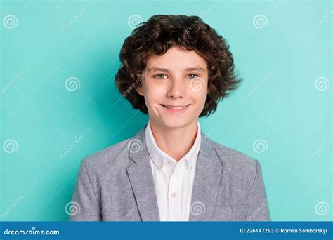 Photo of Confident Attractive School Boy Wear Grey Jacket Smiling Isolated Pastel Turquoise ...