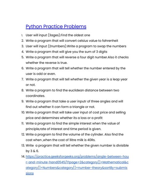 100 Python Practice Problems | PDF | Numbers | String (Computer Science)