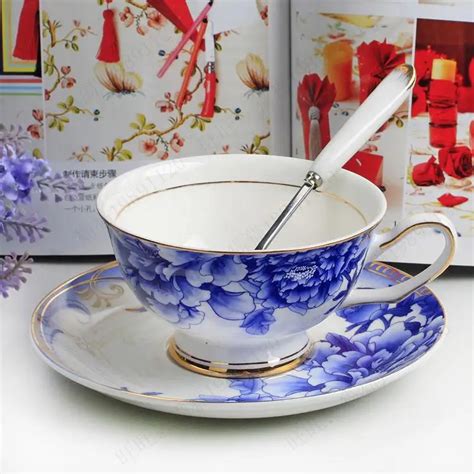 Blue and white porcelain coffee cup fashion blue peony coffee cup black tea cup royal paragraph ...