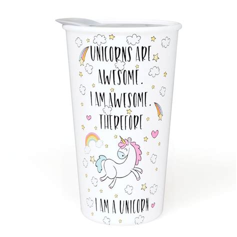 Ceramic Travel Coffee Mug with Lid (12 oz) - Unicorns Are Awesome - I am Awesome - Therefore I ...