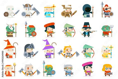 Set fantasy rpg game heroes villains minions character vector icons ...