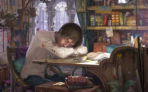 Sleeping, study, art, sleep, guy, books, man, boy, fantasy, anime, reishin, HD wallpaper | Peakpx