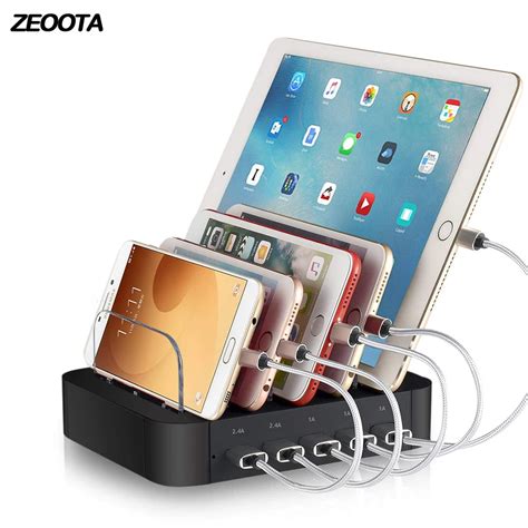 Desktop Charging Station 5 Port Cell Phone Holder USB Charger HUB Quick ...