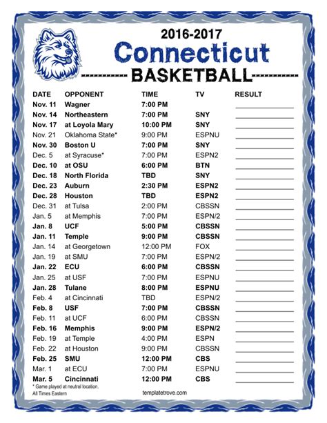 Printable 2016-2017 UConn Huskies Basketball Schedule