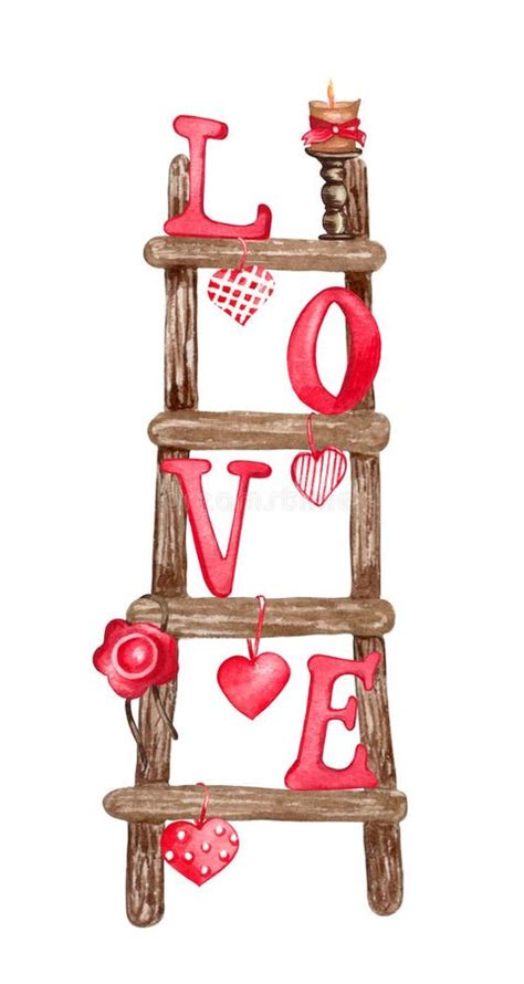 Watercolor Decorative Ladder with Hearts and Love Letters. Valentines ...