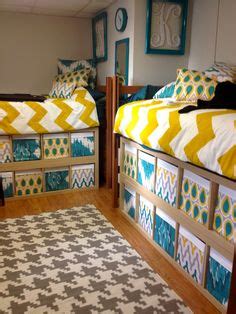 Fabric covered boxes under a raised bed College Dorm Bathroom, College Dorm Storage, Dorm Room ...