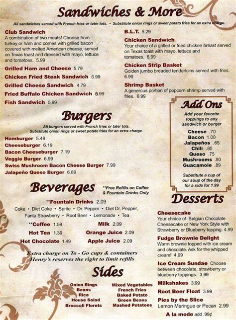 Menu at Henry's Restaurant, Lockhart