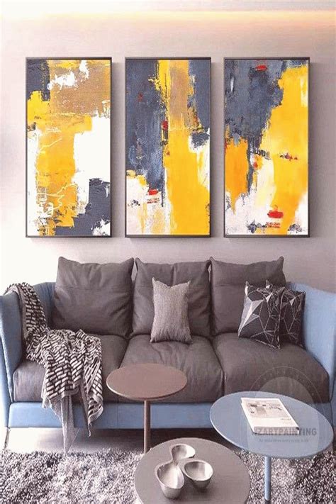 100 Handpainted Set of 3 Modern Abstract Yellow Gray Painting on Canvas Large Wall Art Quadro ...