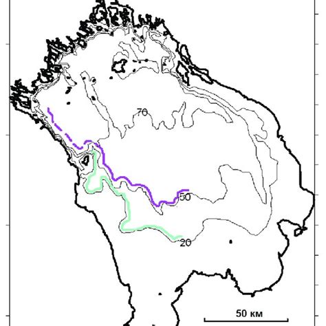 Location of the boundaries of the water area of Lake Ladoga with depths... | Download Scientific ...