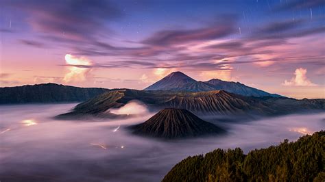 1366x768 Resolution Calm Volcano Landscape in Fog 1366x768 Resolution Wallpaper - Wallpapers Den