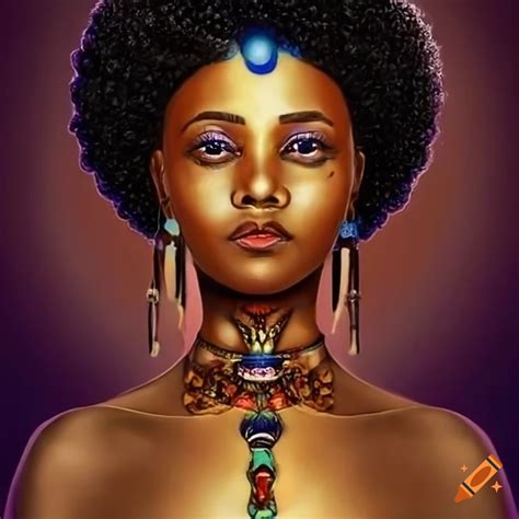 Colorful tribal woman with compassionate eyes and afro